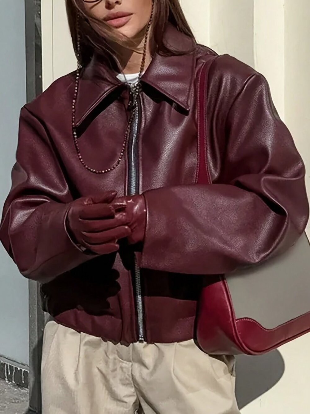 Burgundy Casual Women's Plus-Size Drop Shoulder Colorblock Biker Jacket - Picture 3 of 5